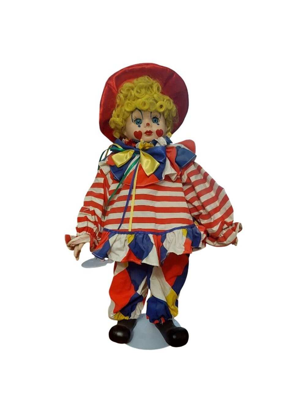 Porcelain Clown Doll Blue Eyes Blond Hair Colorful Outfit Hat With Display Stand